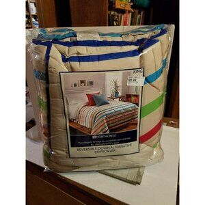 NorthCrest King Down Alternative Comforter Reversible Tan & Bright Color Stripes